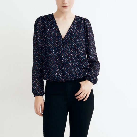 Madewell Tops - Madewell Lyric Wrap Long Sleeve Top in Confetti Dot Dark Nightfall Size Small